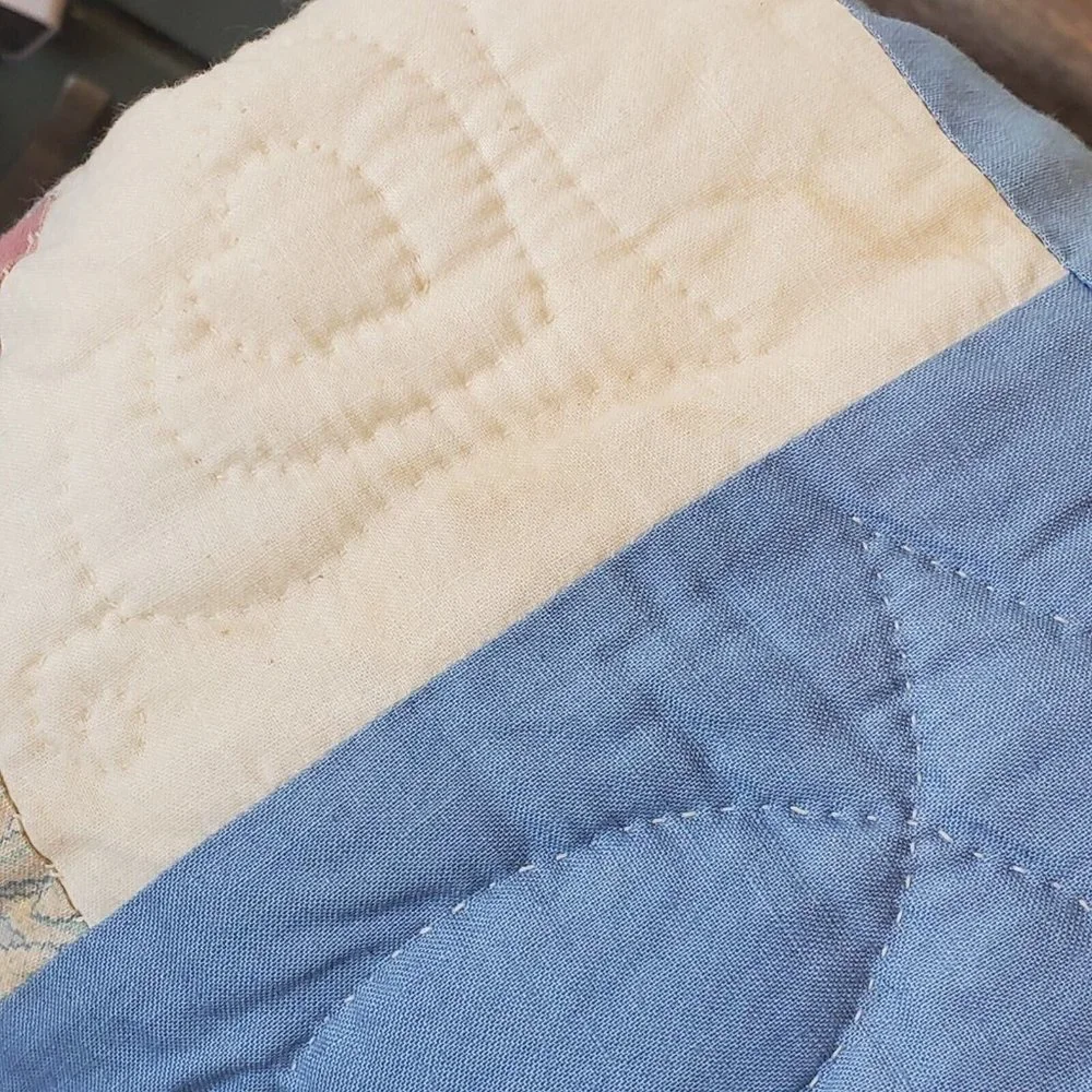 Vintage Grandmother's Fan QUILT Hand Quilted‎ Queen Size Farmhouse Blue Pink